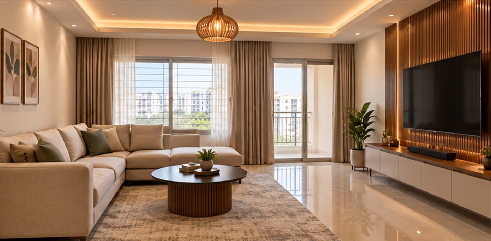 Living room with full interior work done: sofas, rug, feature wall and lighting