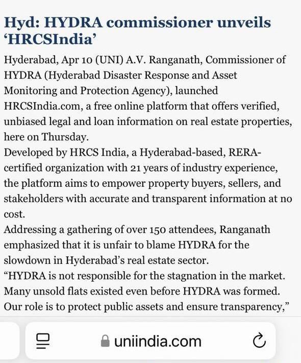 UNI: HYDRAA commissioner unveils HRCSIndia